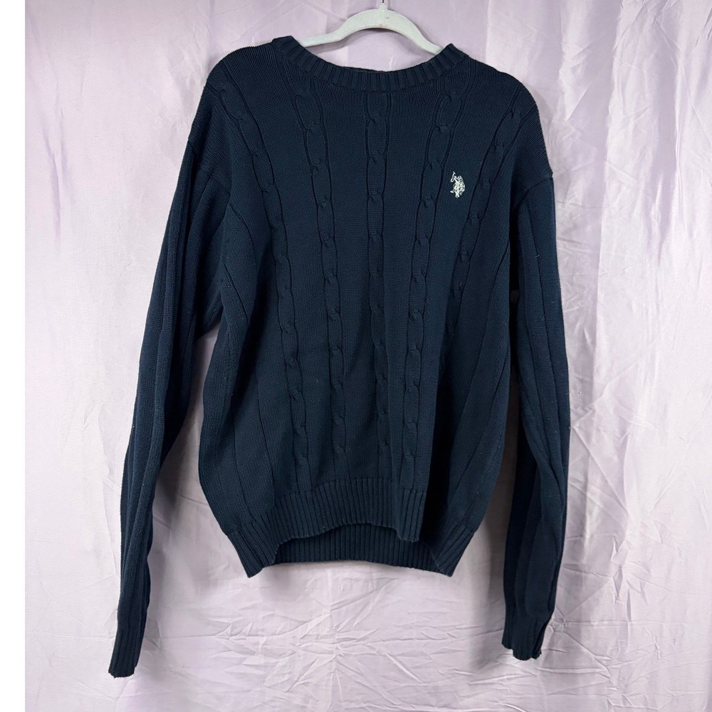 US Polo Assn Mens XL Navy Blue Cable Knit Cotton Crewneck Sweater Logo